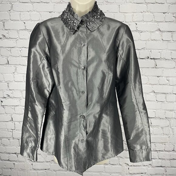 Lafayette 148 Grey Metallic 100% Silk Button Embellished Collar Shirt 8 *tear - Picture 1 of 11